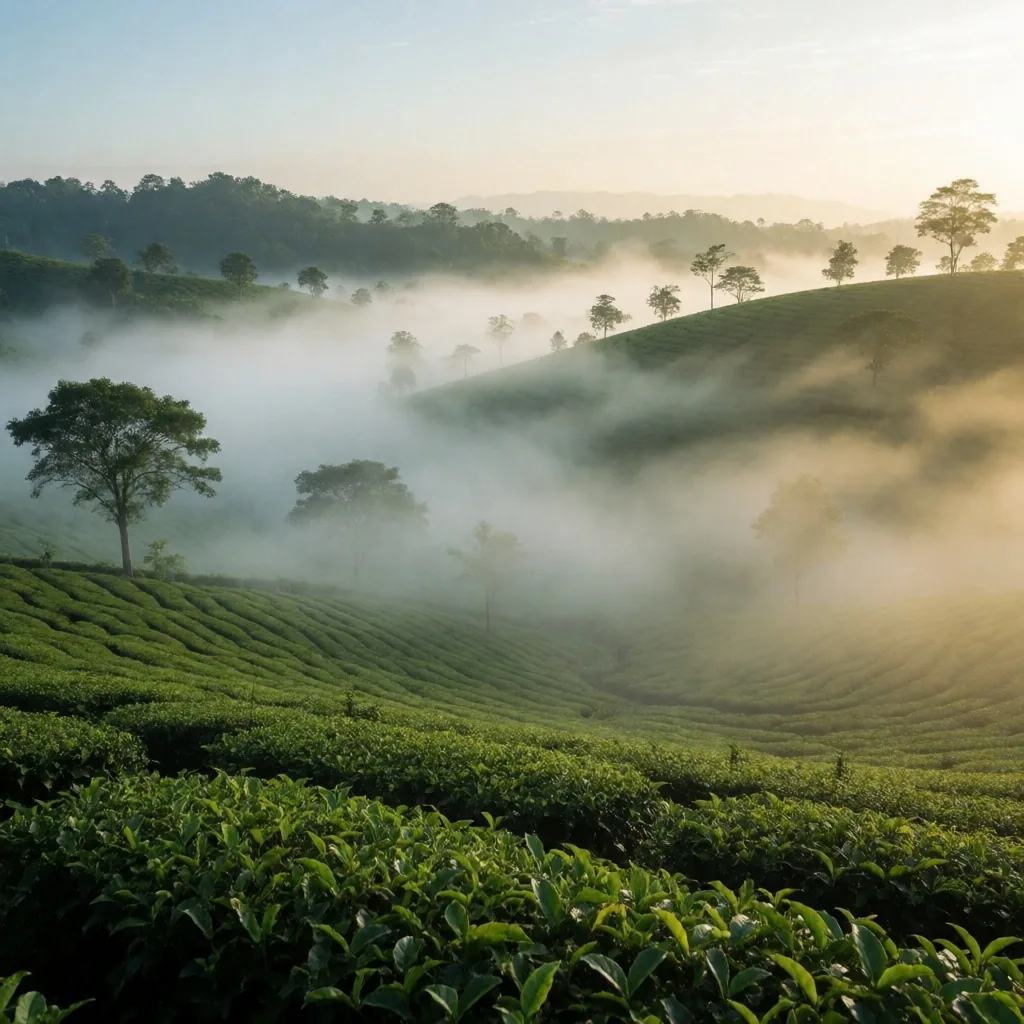 Misty Indonesian highland plantation at dawn