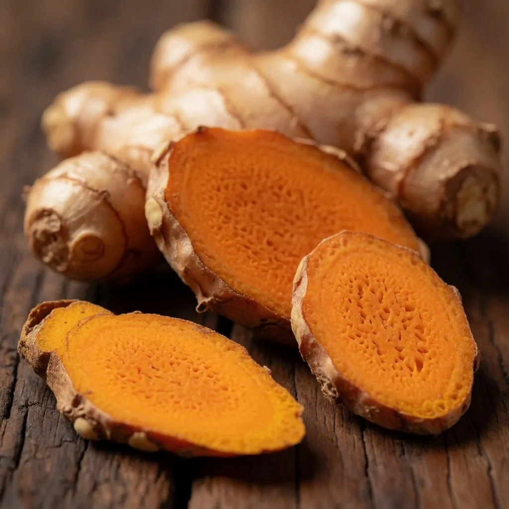 Galangal root and turmeric on dark wood surface