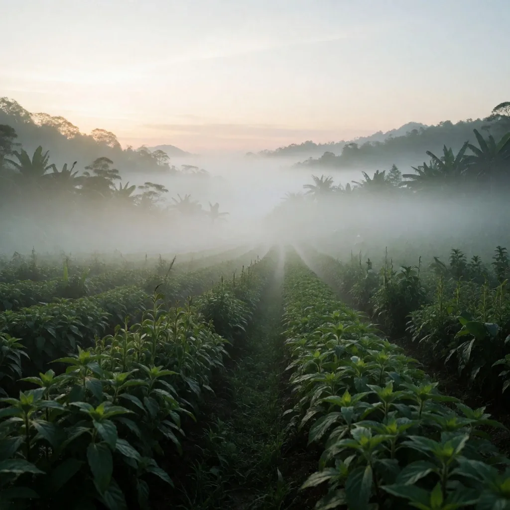 Misted highland plantation in Indonesia at dawn