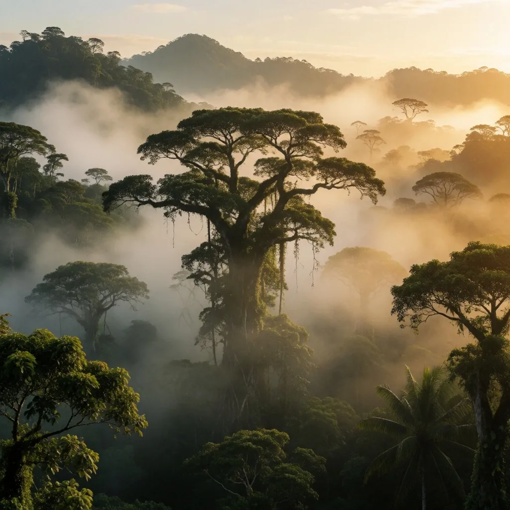 Misted highland valley panorama at golden hour