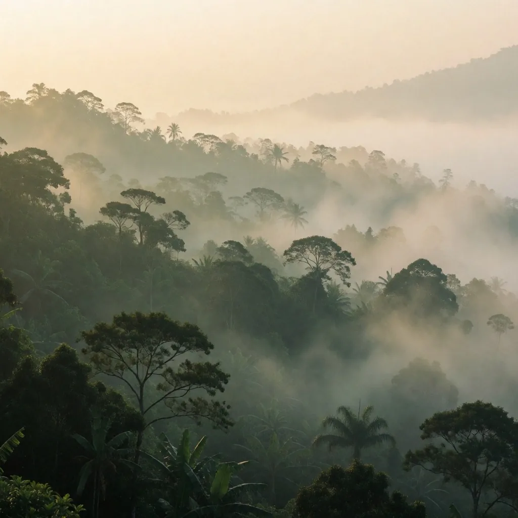 Misted Indonesian highland forest at dawn